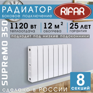 Биметаллический радиатор Rifar Supremo 350 8 секций белый, боковое подключение
